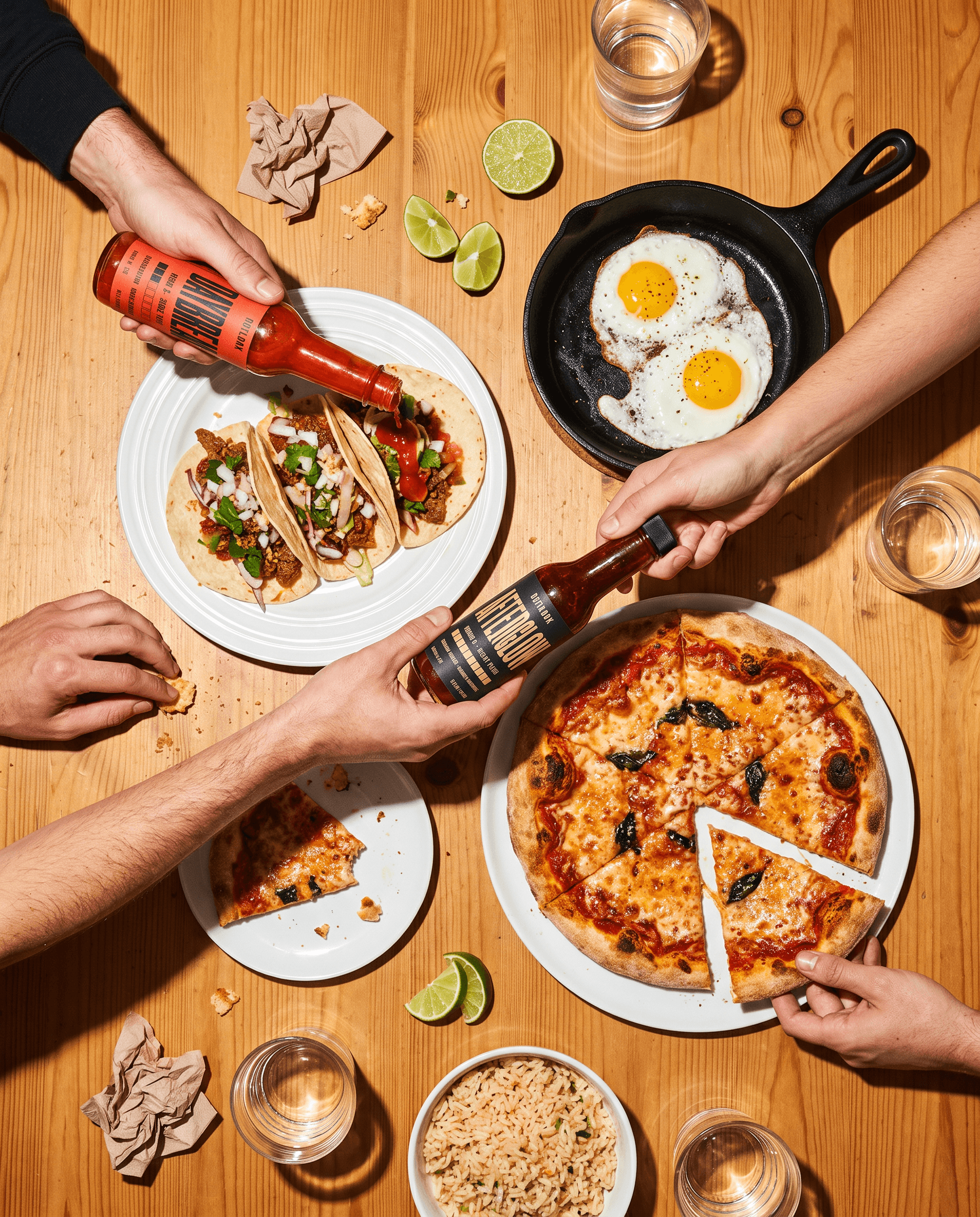 Hands reaching across a crowded table of tacos, eggs and pizza, two Hotlark bottles among the plates