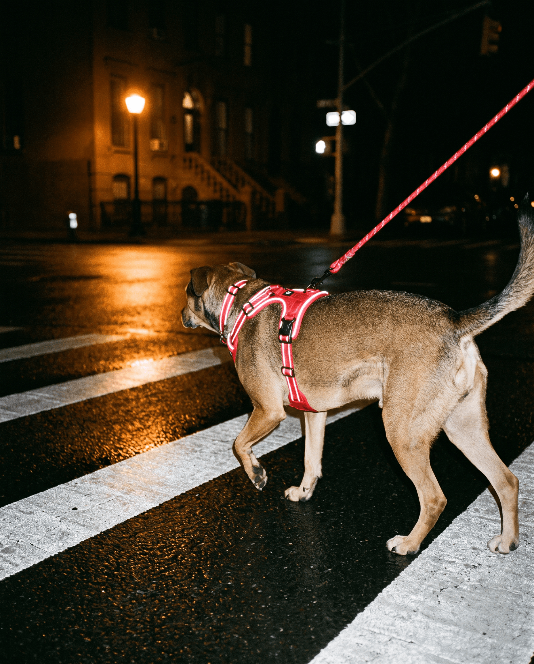 Reflective piping on a red harness lit by a headlight on a crosswalk at night
