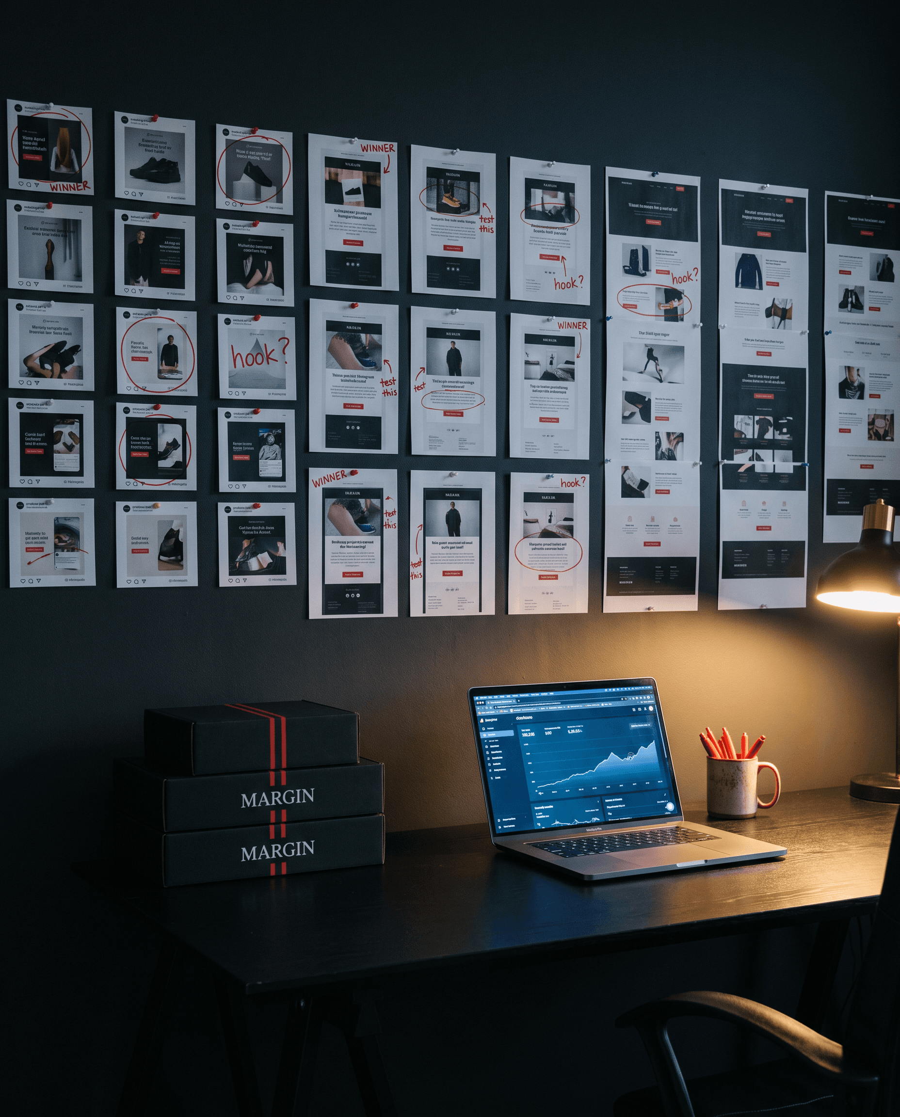 A studio wall of marked-up ad and email printouts above a desk
