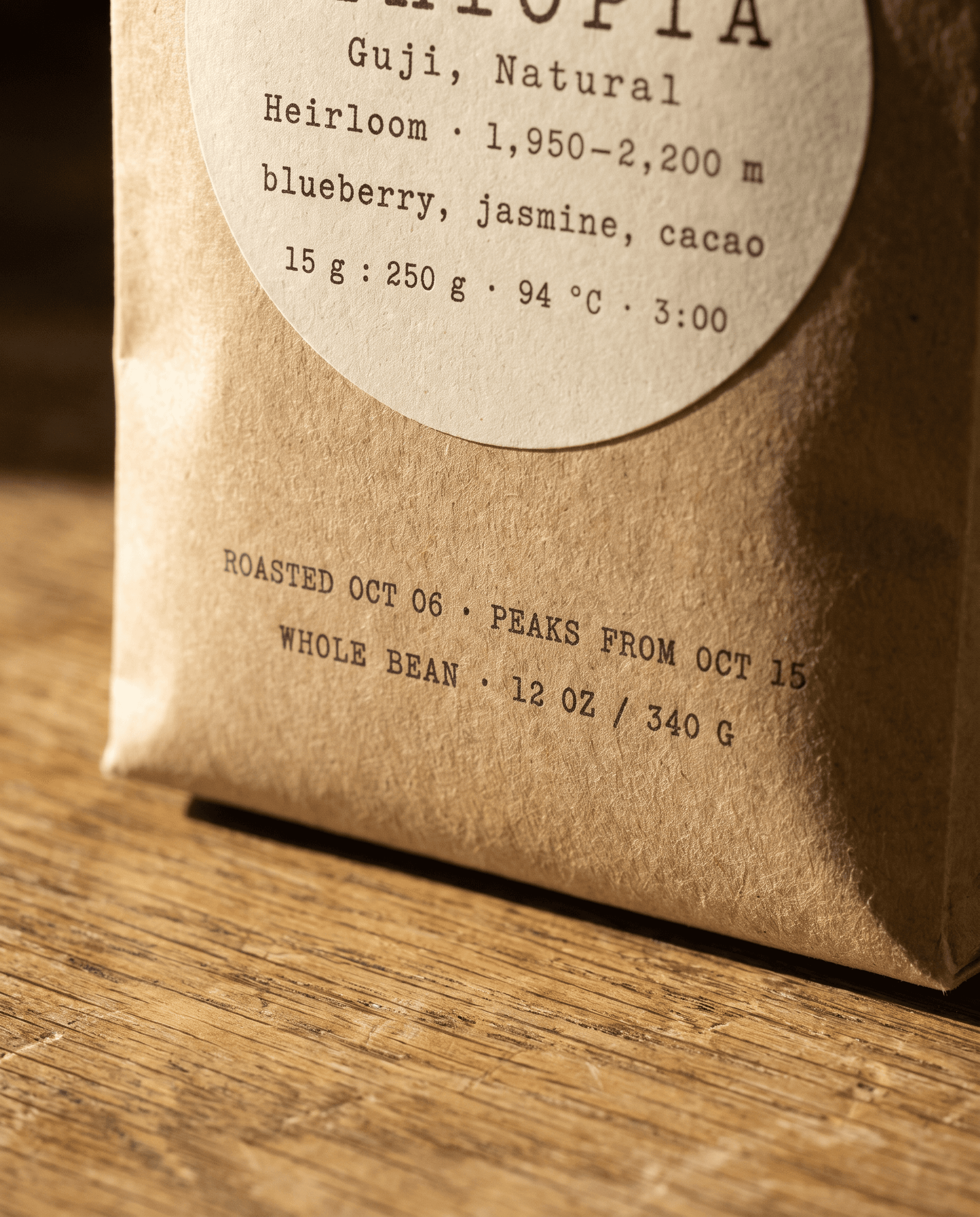 The round Fieldmark label on a kraft bag, close up in morning light