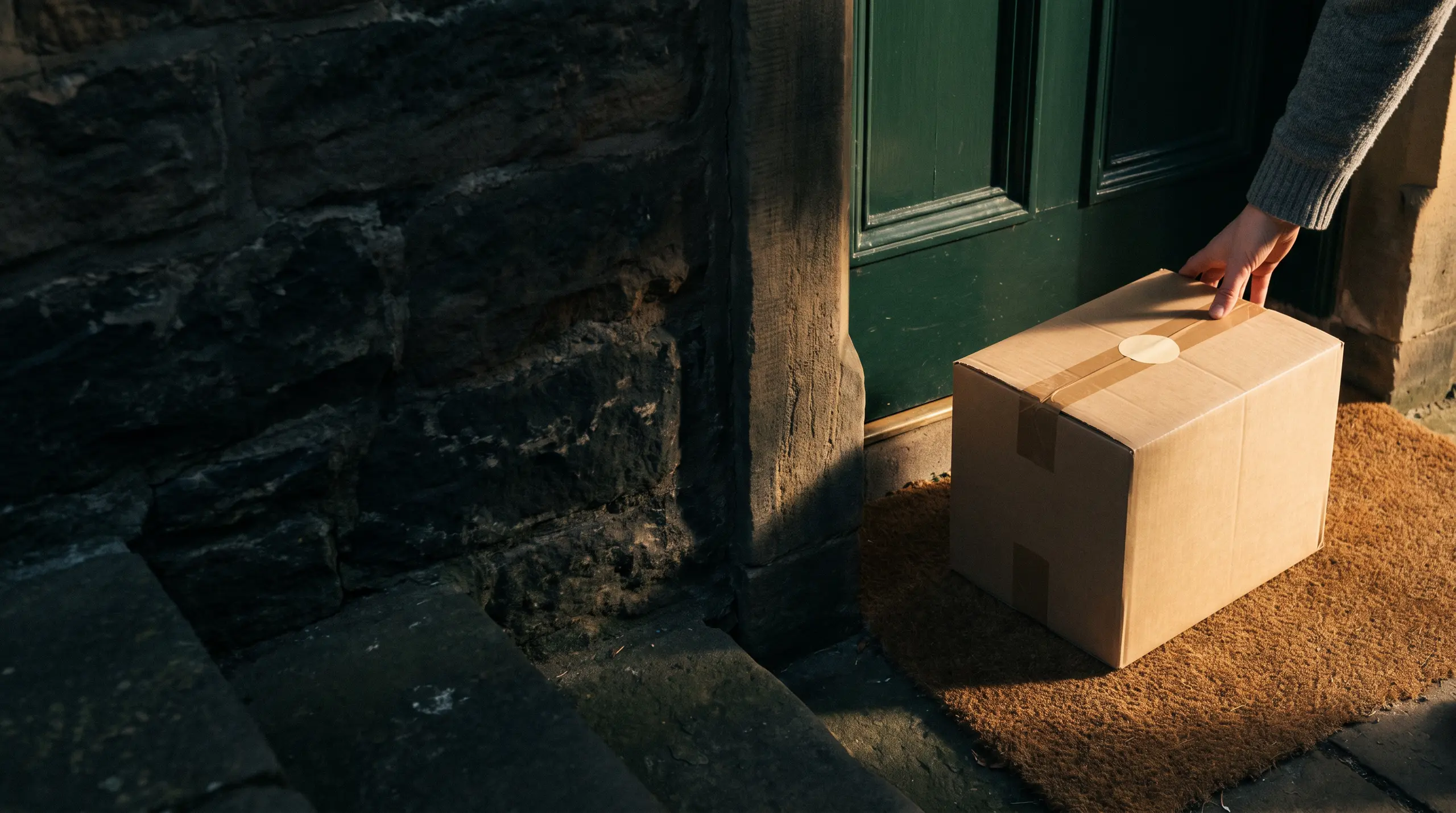 A Fieldmark parcel on a doormat at first light, a hand reaching for it