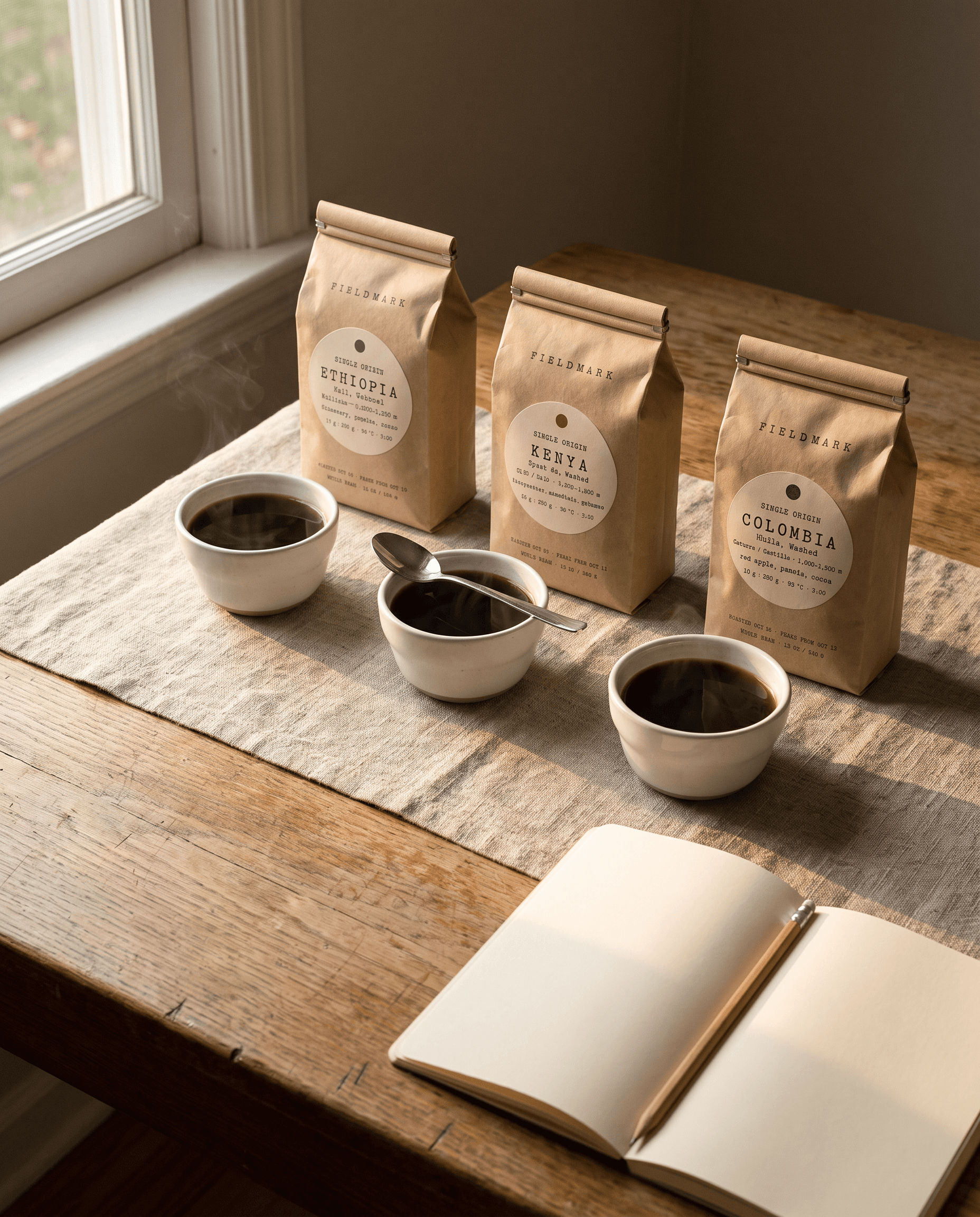 Three Fieldmark bags and three cups on a cupping table